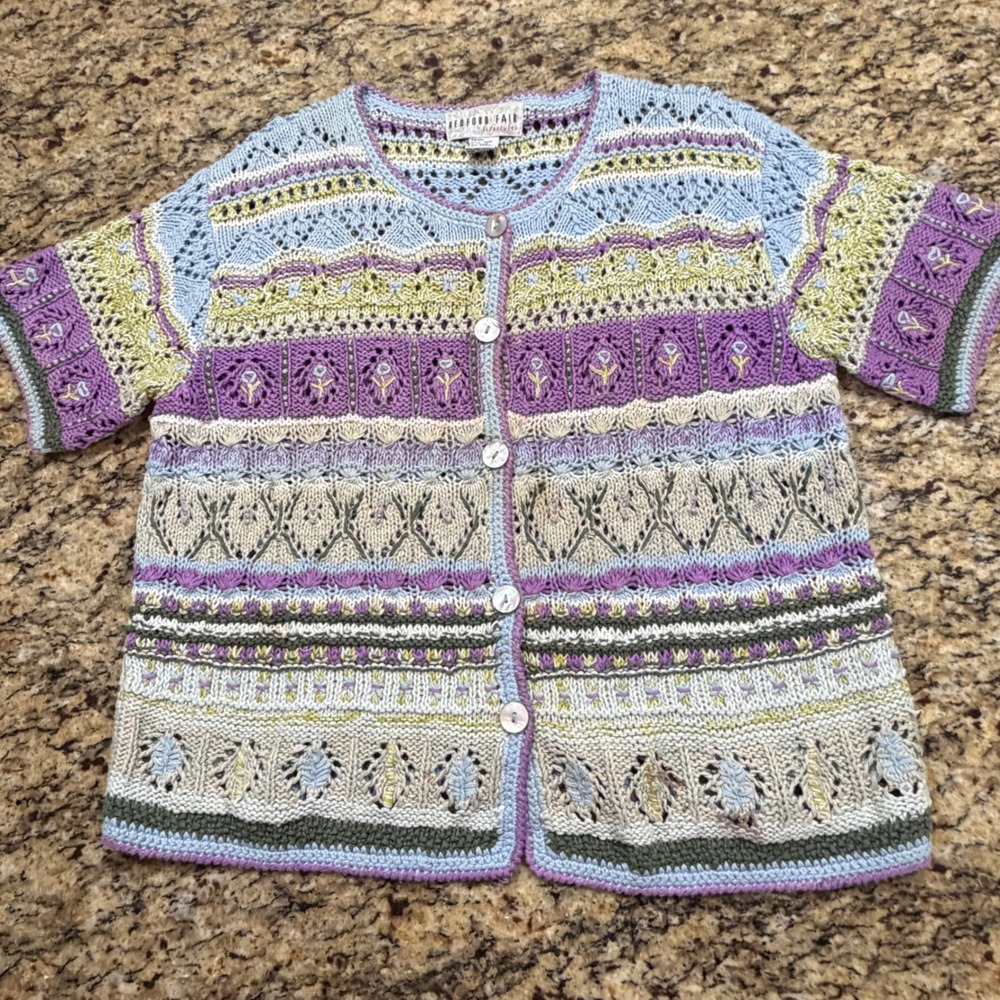 Vintage Bedford Fair Lifestyles Knit Cardigan Sweater XL Petite Purple Floral